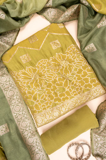 Pista Woven Zari Cotton Unstitched Salwar Suit With Cotton Dupatta