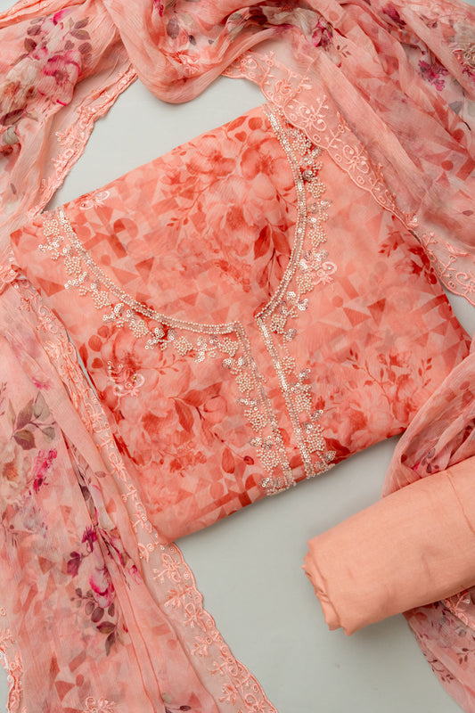 Graceful Flow Peach Georgette Unstitched Salwar Kameez With Georgette Floral Dupatta
