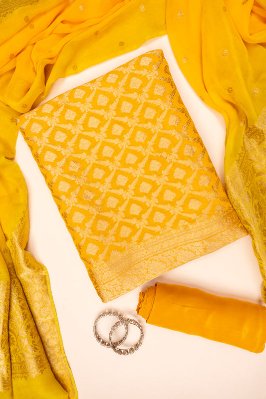 Mango Gold Banarasi Woven Zari Khaddi Georgette Unstitched Salwar Suit With Georgette dupatta