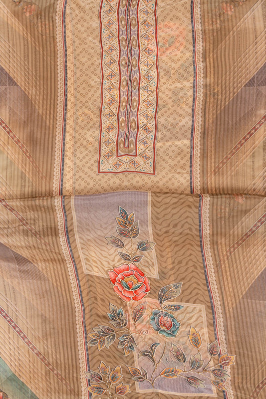 Olive Mirror Sheet, Sequence, Threadwork & Floral Printed Cotton Unstitched Salwar Suit With Chiffon Dupatta