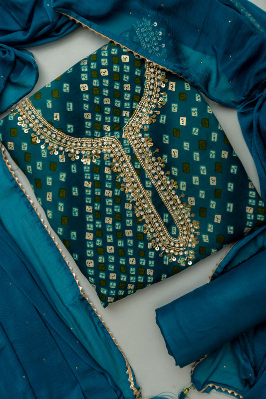 Soft Hues Rama Cotton Unstitched Salwar Kameez With Chiffon Dupatta