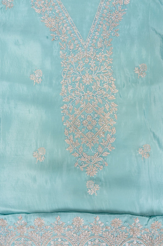 Tea-green Sequence, Zarkan & Zari Threadwork Crepe Unstitched Salwar Suit With Chiffon dupatta