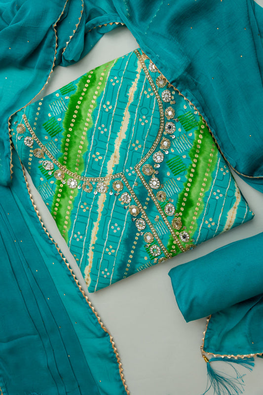 Dive Into Elegance Firozi Cotton Unstitched Salwar Kameez & Chiffon Dupatta