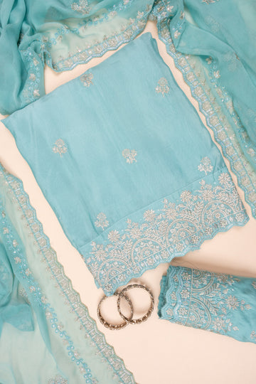 Tea-green Sequence, Zarkan & Zari Threadwork Crepe Unstitched Salwar Suit With Chiffon dupatta