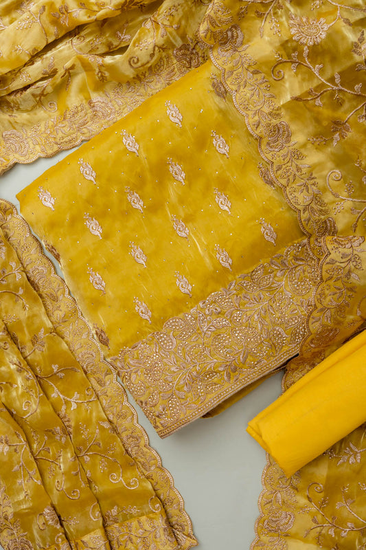 Shine Bright Mango Gold Organza Unstitched Salwar Kameez With Organza Dupatta