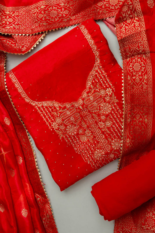 Grace Redefined Red Crepe Unstitched Salwar Kameez With Crepe Dupatta