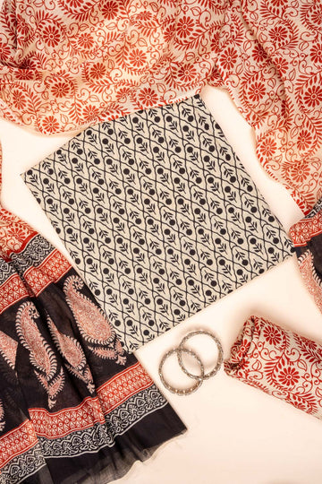 Tussar And Black Digital Printed Cotton Unstitched Salwar Suit With Cotton Dupatta