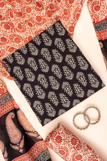 Black Digital Printed Cotton Unstitched Salwar Suit With Cotton Dupatta