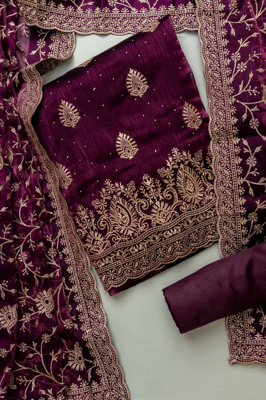 Deep Hues Wine Organza Unstitched Salwar Kameez With Organza Dupatta