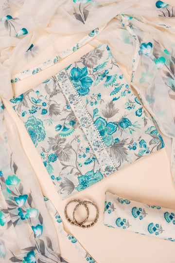 White Firozi Floral Printed Cotton Unstitched Salwar Suit With Cotton Dupatta