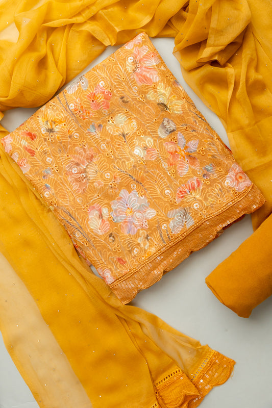 Sunshine Charm Mustard Unstitched Organza Salwar Kameez With Chiffon Dupatta