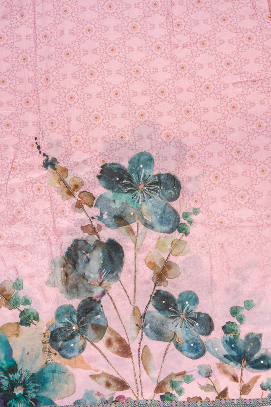 Pink Floral Printed Cotton Unstitched Salwar Suit With Chiffon Dupatta