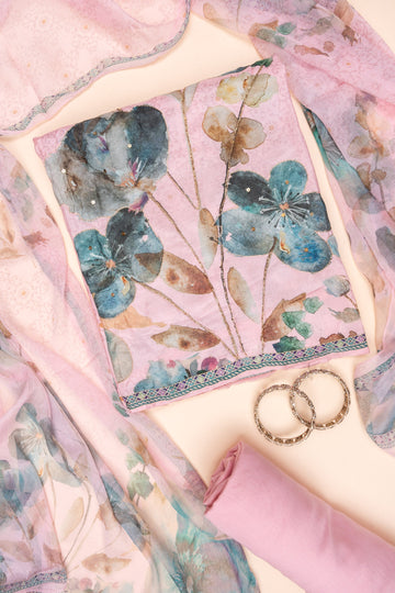 Pink Floral Printed Cotton Unstitched Salwar Suit With Chiffon Dupatta