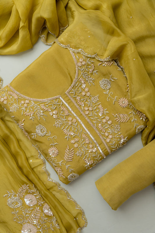 Celebrate Tradition In Mehndi Crepe Unstitched Salwar Kameez & Georgette Dupatta