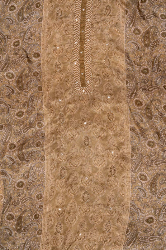 Olive Cutdana, Mirror Sheet, Threadwork & Digital Printed Cotton Unstitched Salwar Suit With Chiffon Dupatta