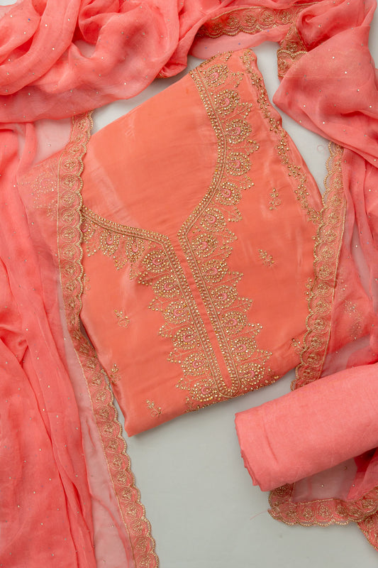Graceful Flow Peach Unstitched Crepe Salwar Kameez With Chiffon Dupatta