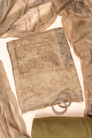 Olive Cutdana, Mirror Sheet, Threadwork & Digital Printed Cotton Unstitched Salwar Suit With Chiffon Dupatta