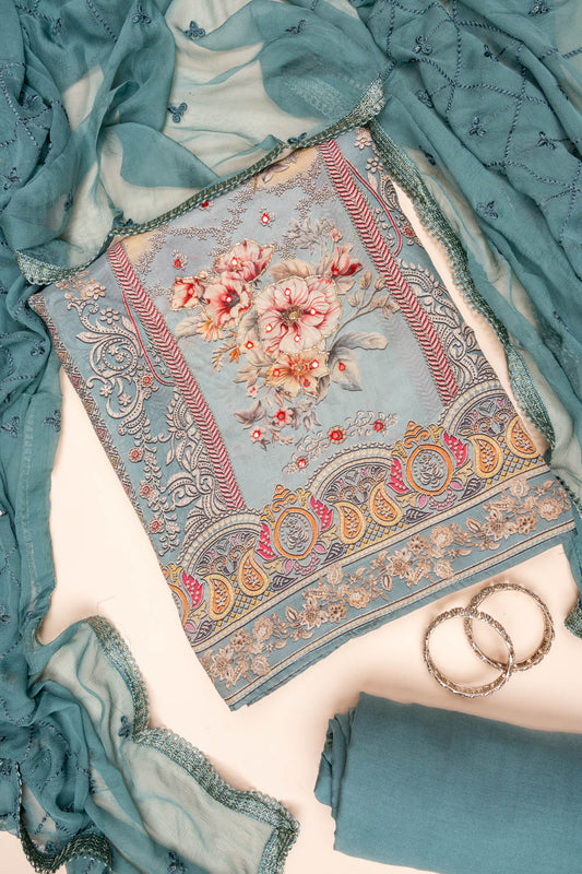 Silver Grey Mirror Sheet, Sequence, Threadwork & Floral Printed Organza Unstitched Salwar Suit With Chiffon Dupatta