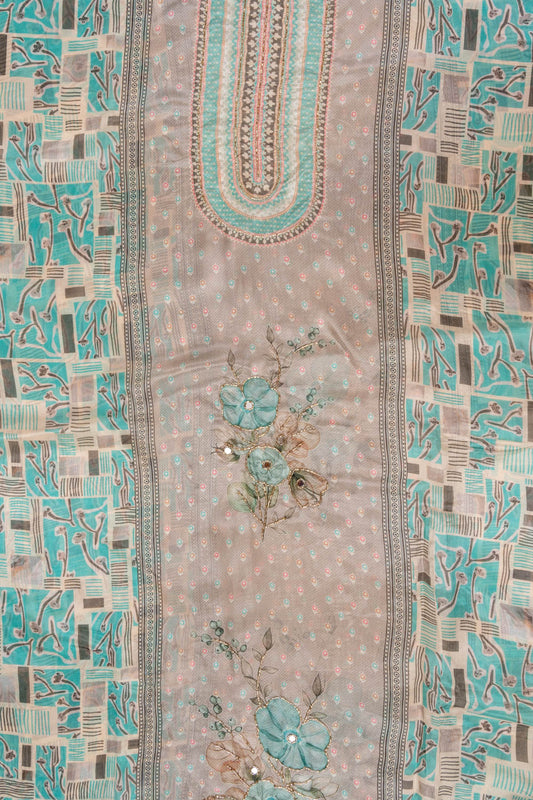 Grey Firozi Mirror Sheet, Threadwork & Floral Printed Cotton Unstitched Salwar Suit With Chiffon Dupatta