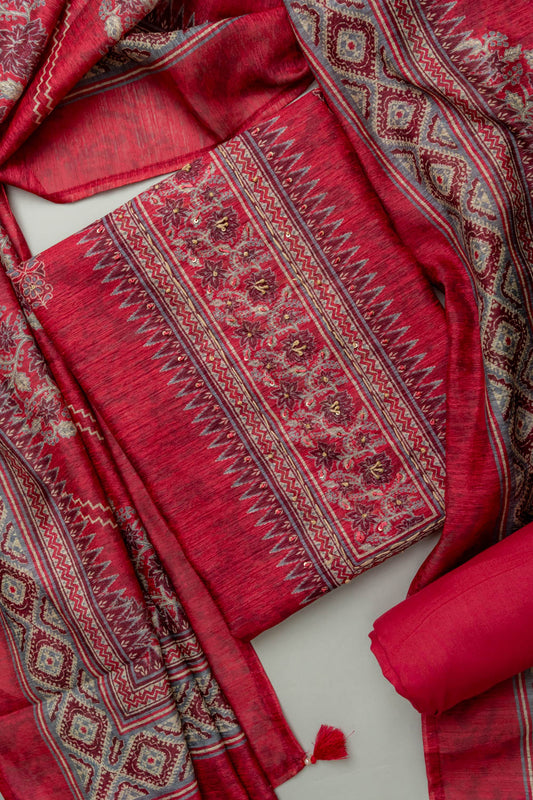 Step Into The Spotlight With Magenta Tussar Unstitched Salwar Kameez With Tussar Dupatta