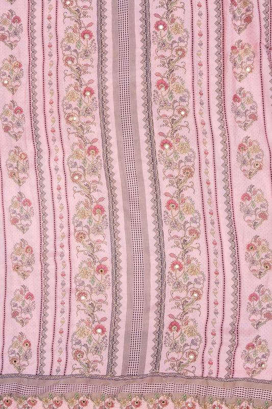 Pink Mirror Sheet, Sequence, Threadwork & Floral Printed Crepe Unstitched Salwar Suit With Chiffon Dupatta
