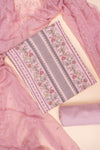Pink Mirror Sheet, Sequence, Threadwork & Floral Printed Crepe Unstitched Salwar Suit With Chiffon Dupatta