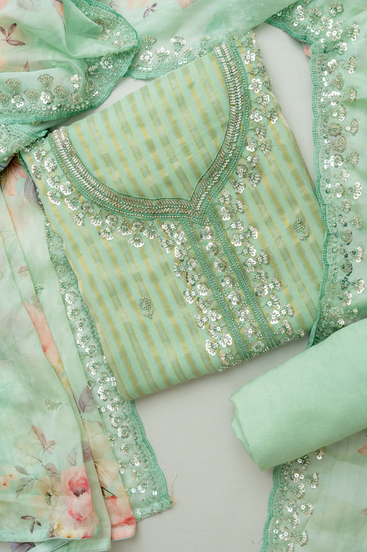 Royal Heritage Tea-green Organza Unstitched Salwar Kameez With Organza Floral Dupatta