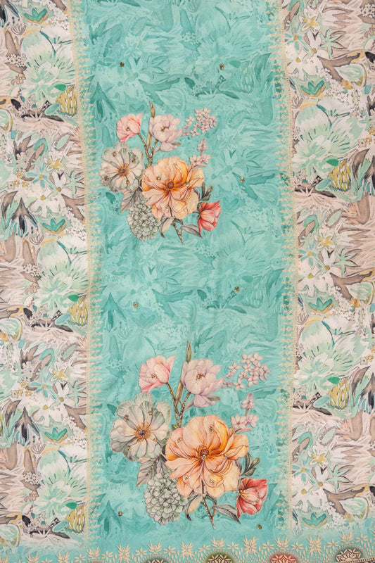 Tea-green Mirror Sheet, Sequence, Threadwork & Floral Printed Crepe Unstitched Salwar Suit With Chiffon Dupatta