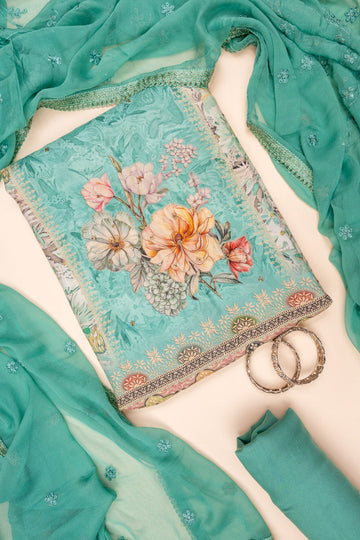 Tea-green Mirror Sheet, Sequence, Threadwork & Floral Printed Crepe Unstitched Salwar Suit With Chiffon Dupatta
