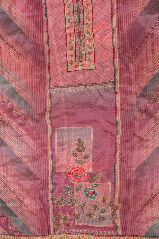 Mauve Mirror Sheet, Sequence, Threadwork & Floral Printed Cotton Unstitched Salwar Suit With Chiffon Dupatta