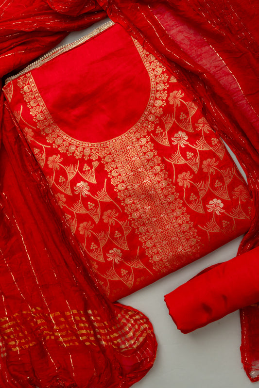 Grace Redefined Red Unstitched Cotton Salwar Kameez With Cotton Dupatta