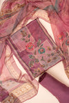 Mauve Mirror Sheet, Sequence, Threadwork & Floral Printed Cotton Unstitched Salwar Suit With Chiffon Dupatta