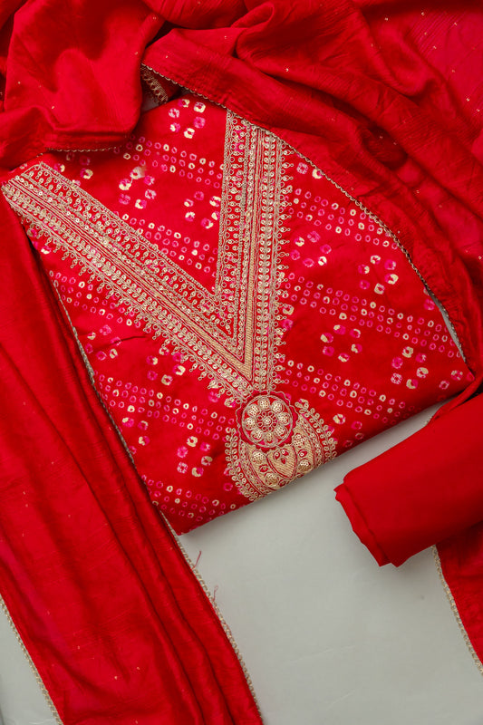 Grace Redefined Red Unstitched Cotton Salwar Kameez With Cotton Dupatta