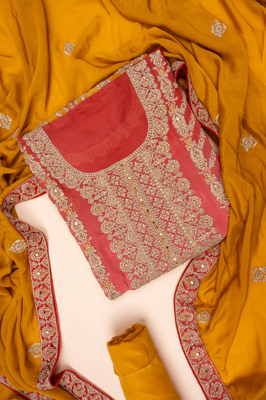 Gajari Must Sequence, Zarkan & Threadwork Chinon Unstitched Salwar Suit With Chinon dupatta