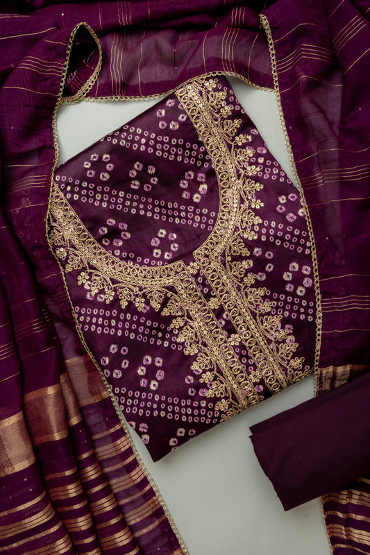 Deep Hues Wine Unstitched Cotton Salwar Kameez With Cotton Dupatta