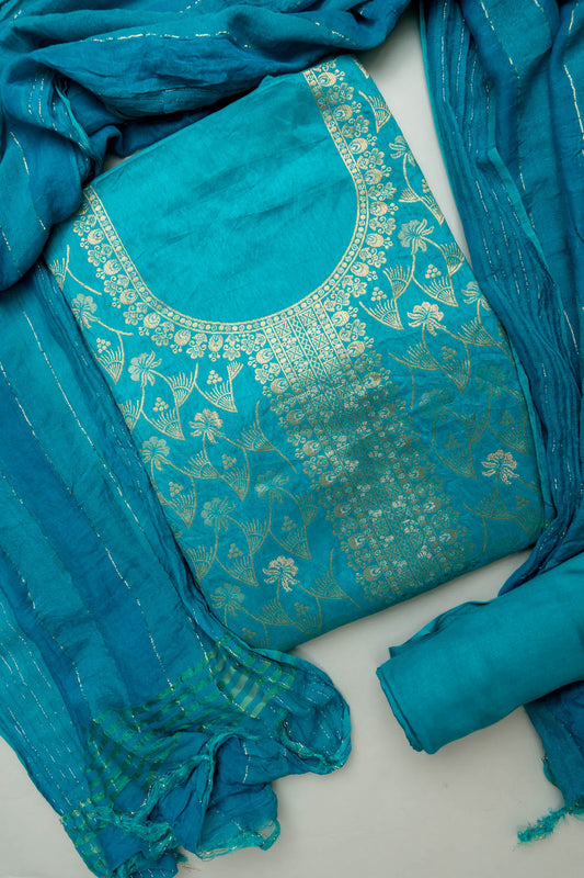 Mesmerizing Charm Dark Firozi Unstitched Cotton Salwar Kameez With Cotton Dupatta