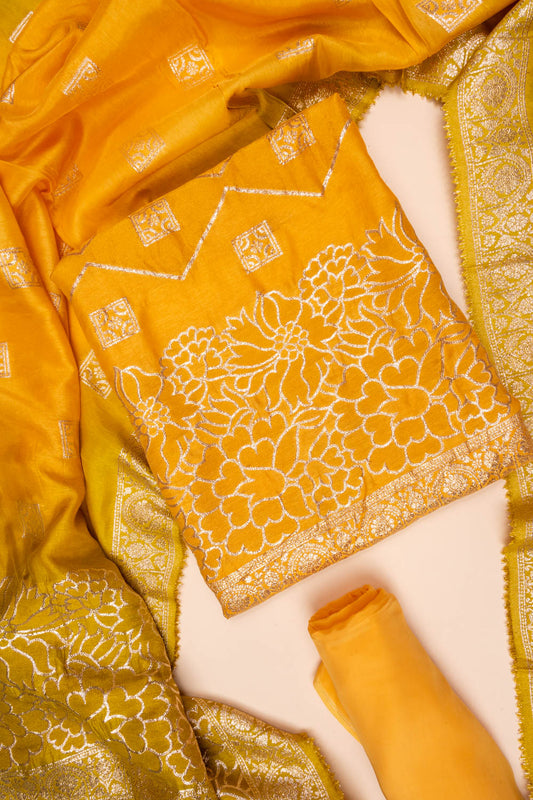Mango Gold Woven Zari Cotton Unstitched Salwar Suit With Cotton Dupatta
