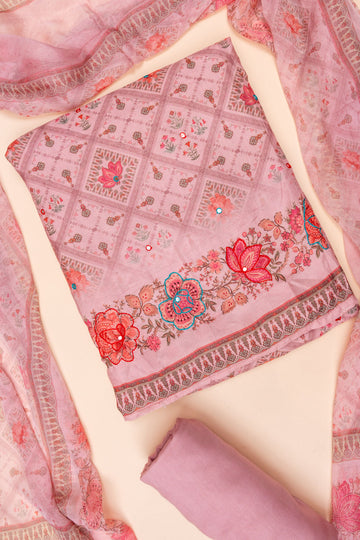 Pink Mirror Sheet, Threadwork & Floral Printed Cotton Unstitched Salwar Suit With Chiffon Dupatta