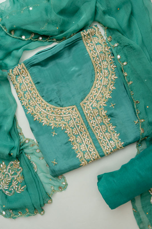 Breathe In Elegance With Mint Green Crepe Unstitched Salwar Kameez With Chiffon Dupatta