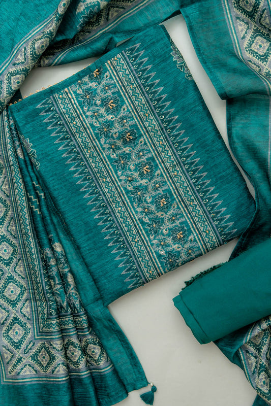 Soft Hues Rama Tussar Unstitched Salwar Kameez With Tussar Dupatta