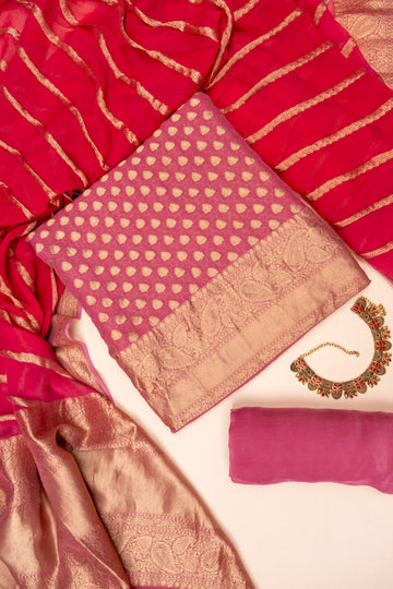 Gajari Banarasi Woven Zari Khaddi Georgette Unstitched Salwar Suit With Georgette dupatta