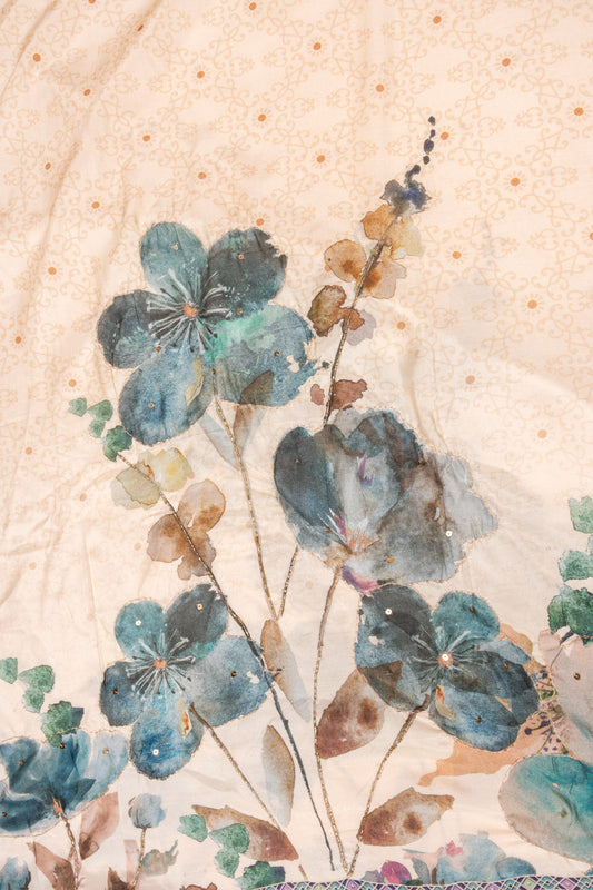 Off White Floral Printed Cotton Unstitched Salwar Suit With Chiffon Dupatta