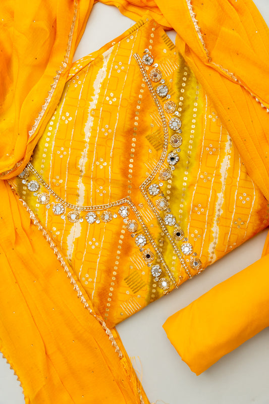 Sunshine Charm Mustard Unstitched Cotton Salwar Kameez & Chiffon Dupatta