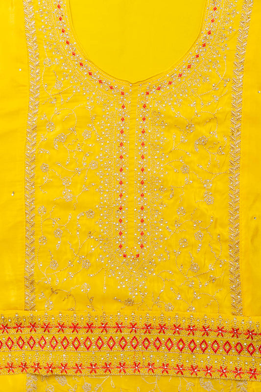 Radiate Glamour Lemon Gold Crepe Unstitched Salwar Kameez With Chiffon Dupatta