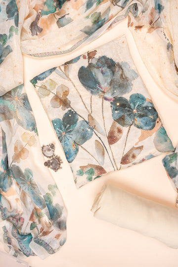 Off White Floral Printed Cotton Unstitched Salwar Suit With Chiffon Dupatta