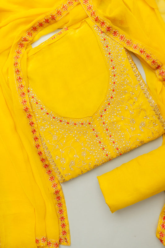 Radiate Glamour Lemon Gold Crepe Unstitched Salwar Kameez With Chiffon Dupatta