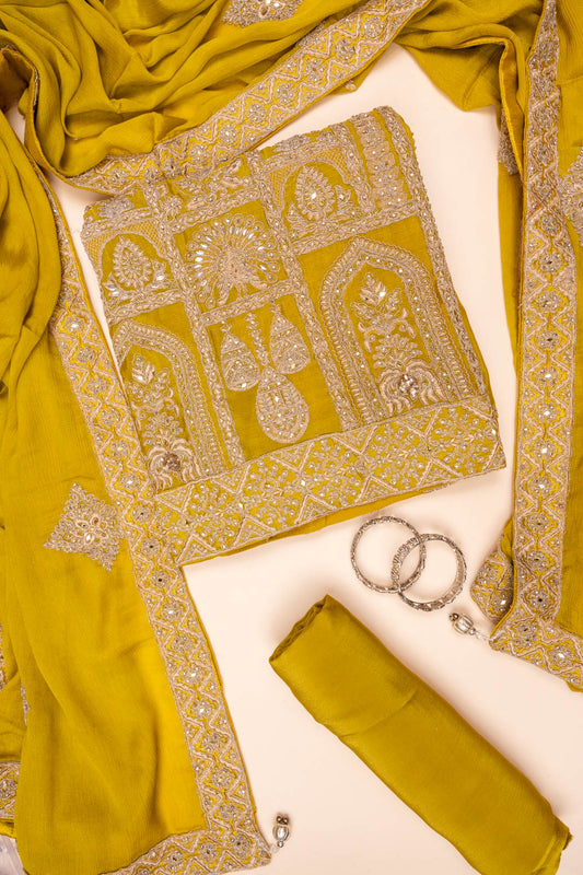 Pista Sequence & Zari Threadwork Chinon Unstitched Salwar Suit With Chinon Dupatta