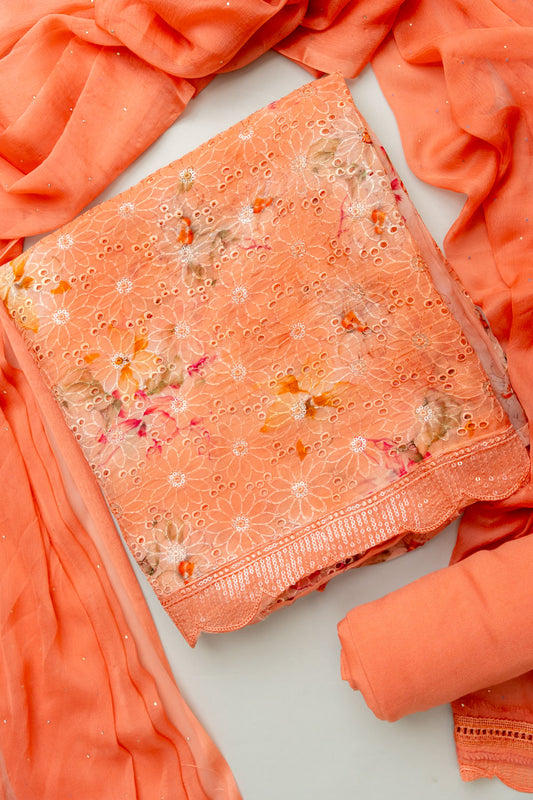 Graceful Flow Peach Unstitched Organza Salwar Kameez With Chiffon Dupatta