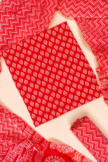 Red Digital Printed Cotton Unstitched Salwar Suit With Cotton Dupatta
