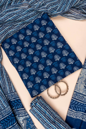 Navy Blue Digital Printed Cotton Unstitched Salwar Suit With Cotton Dupatta